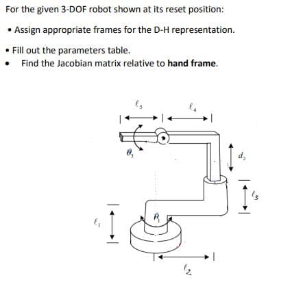 For the given 3-DOF robot shown at its reset position:
• Assign appropriate frames for the D-H representation.
• Fill out the parameters table.
Find the Jacobian matrix relative to hand frame.