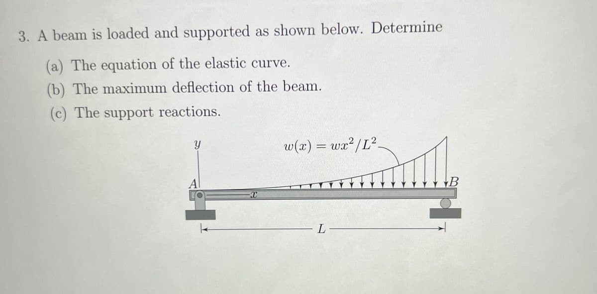 3. A beam is loaded and supported as shown below. Determine
(a) The equation of the elastic curve.
(b) The maximum deflection of the beam.
(c) The support reactions.
Y
-X
2
w(x) = wx²/L²
L-
B