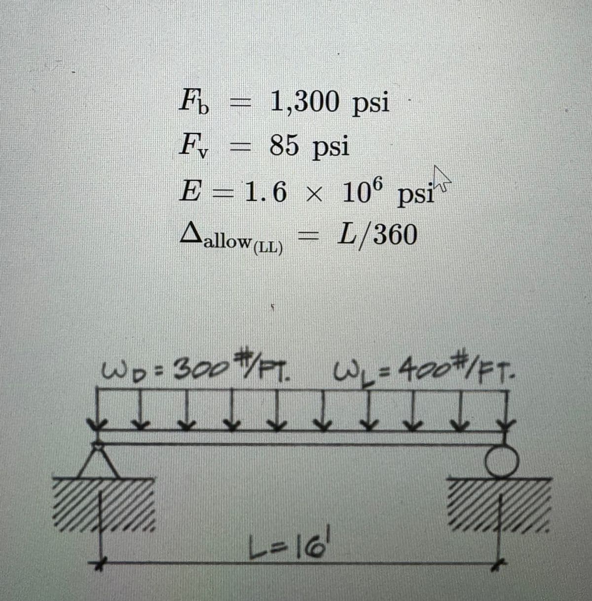 F%
1,300 psi
F₁ = 85 psi
V
E = 1.6 × 106 psi
Aallow (LL)
L/360
WD=300#/PT. W₁ = 400#/FT.
III
L=16'
F1
