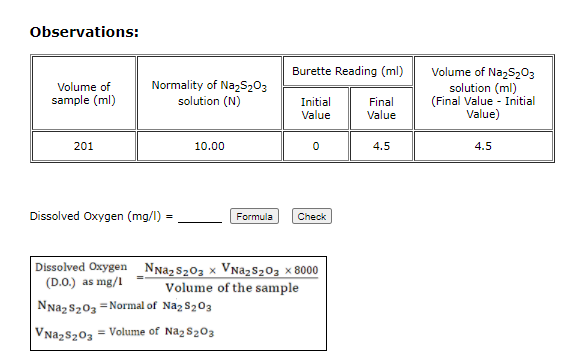 Observations:
Burette Reading (ml)
Volume of NazS203
solution (ml)
(Final Value - Initial
Value)
Normality of NazS203
solution (N)
Volume of
sample (ml)
Initial
Final
Value
Value
201
10.00
4.5
4.5
Dissolved Oxygen (mg/l) :
Formula
Check
Dissolved Oxygen NNazSzO3 × VNazS203 × 8000
(D.O.) as mg/l
Volume of the sample
NNaz S203 =Normal of Naz S203
VNazs203
= Volume of Naz S203
