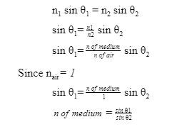 n, sin 0, = n, sin 0,
sin 0,= sin 0,
sin 0,=2
nof medium
nof air
sin 0,
Since n=
air
sin 0,=1of mediuam
sin 8,
n of medium = 81

