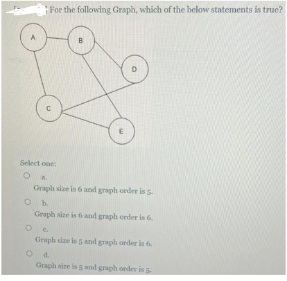 A
O
For the following Graph, which of the below statements is true?
O
C
B
E
Select one:
O a.
Graph size is 6 and graph order is 5.
D
b.
Graph size is 6 and graph order is 6.
C.
Graph size is 5 and graph order is 6.
O d.
Graph size is 5 and graph order is 5.