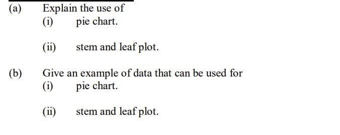 Explain the use of
(i)
(a)
pie chart.
(ii)
stem and leaf plot.
(b)
Give an example of data that can be used for
(i)
pie chart.
(ii)
stem and leaf plot.
