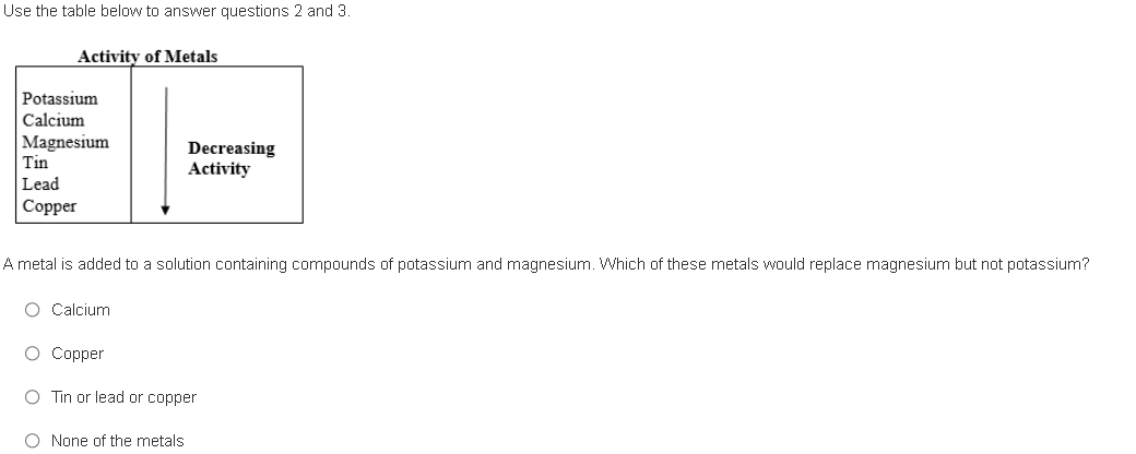 Use the table below to answer questions 2 and 3.
Activity of Metals
Potassium
Calcium
Magnesium
Tin
Lead
Copper
A metal is added to a solution containing compounds of potassium and magnesium. Which of these metals would replace magnesium but not potassium?
O Calcium.
Decreasing
Activity
O Copper
O Tin or lead or copper
O None of the metals