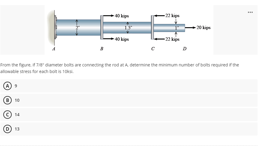 A
(A) 9
(B) 10
C) 14
(D) 13
←N→
B
40 kips
1.5"
40 kips
с
-22 kips
22 kips
D
20 kips
From the figure, if 7/8" diameter bolts are connecting the rod at A, determine the minimum number of bolts required if the
allowable stress for each bolt is 10ksi.