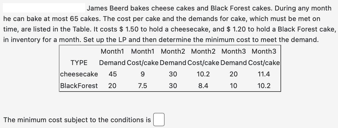 James Beerd bakes cheese cakes and Black Forest cakes. During any month
he can bake at most 65 cakes. The cost per cake and the demands for cake, which must be met on
time, are listed in the Table. It costs $ 1.50 to hold a cheesecake, and $ 1.20 to hold a Black Forest cake,
in inventory for a month. Set up the LP and then determine the minimum cost to meet the demand.
Month1 Month1 Month2 Month 2 Month3 Month3
TYPE Demand Cost/cake Demand Cost/cake Demand Cost/cake
cheesecake 45
9
30
10.2
20
11.4
BlackForest 20
7.5
30
8.4
10
10.2
The minimum cost subject to the conditions is
