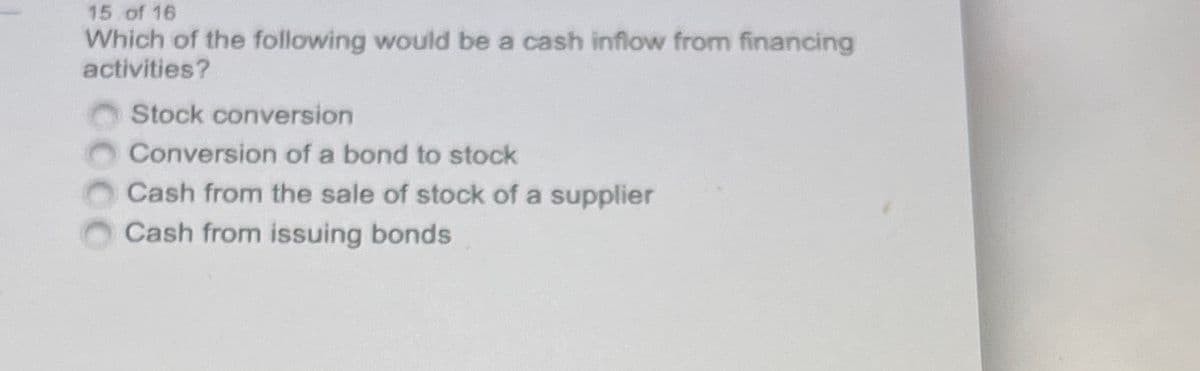 15 of 16
Which of the following would be a cash inflow from financing
activities?
Stock conversion
Conversion of a bond to stock
Cash from the sale of stock of a supplier
Cash from issuing bonds
