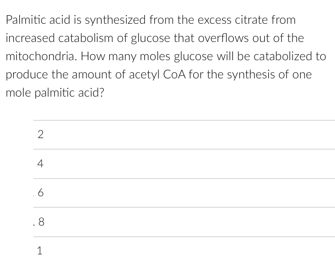 Palmitic acid is synthesized from the excess citrate from
increased catabolism of glucose that overflows out of the
mitochondria. How many moles glucose will be catabolized to
produce the amount of acetyl CoA for the synthesis of one
mole palmitic acid?
2
4
6
.8
1