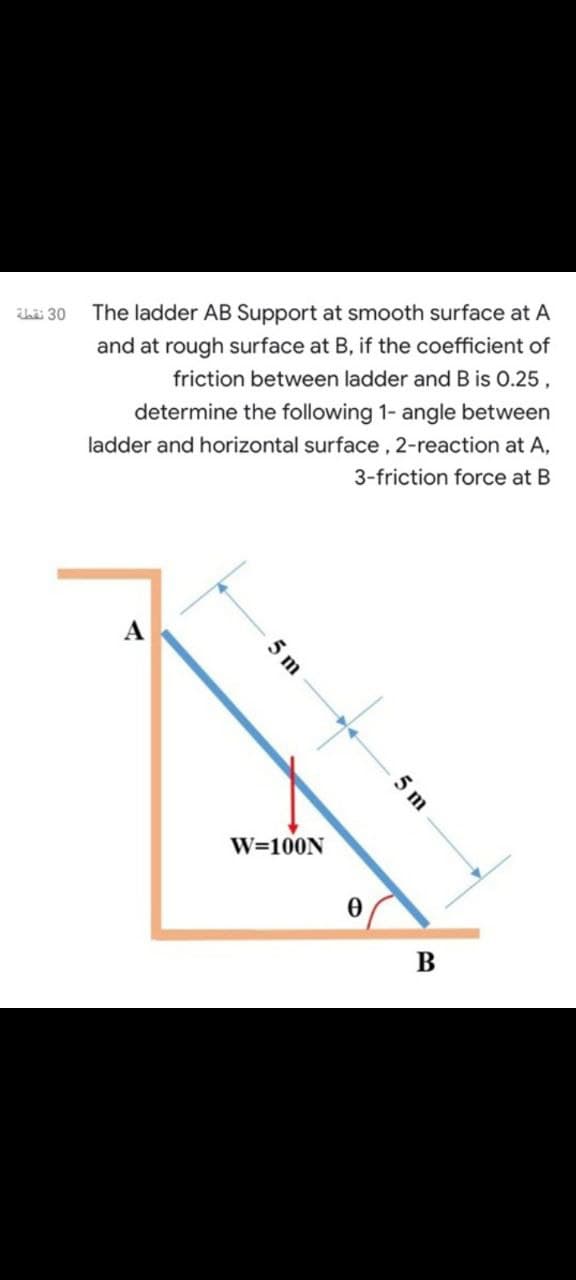 The ladder AB Support at smooth surface at A
and at rough surface at B, if the coefficient of
friction between ladder and B is 0.25,
determine the following 1- angle between
ladder and horizontal surface, 2-reaction at A,
3-friction force at B
A
W=100N
В
5 m
