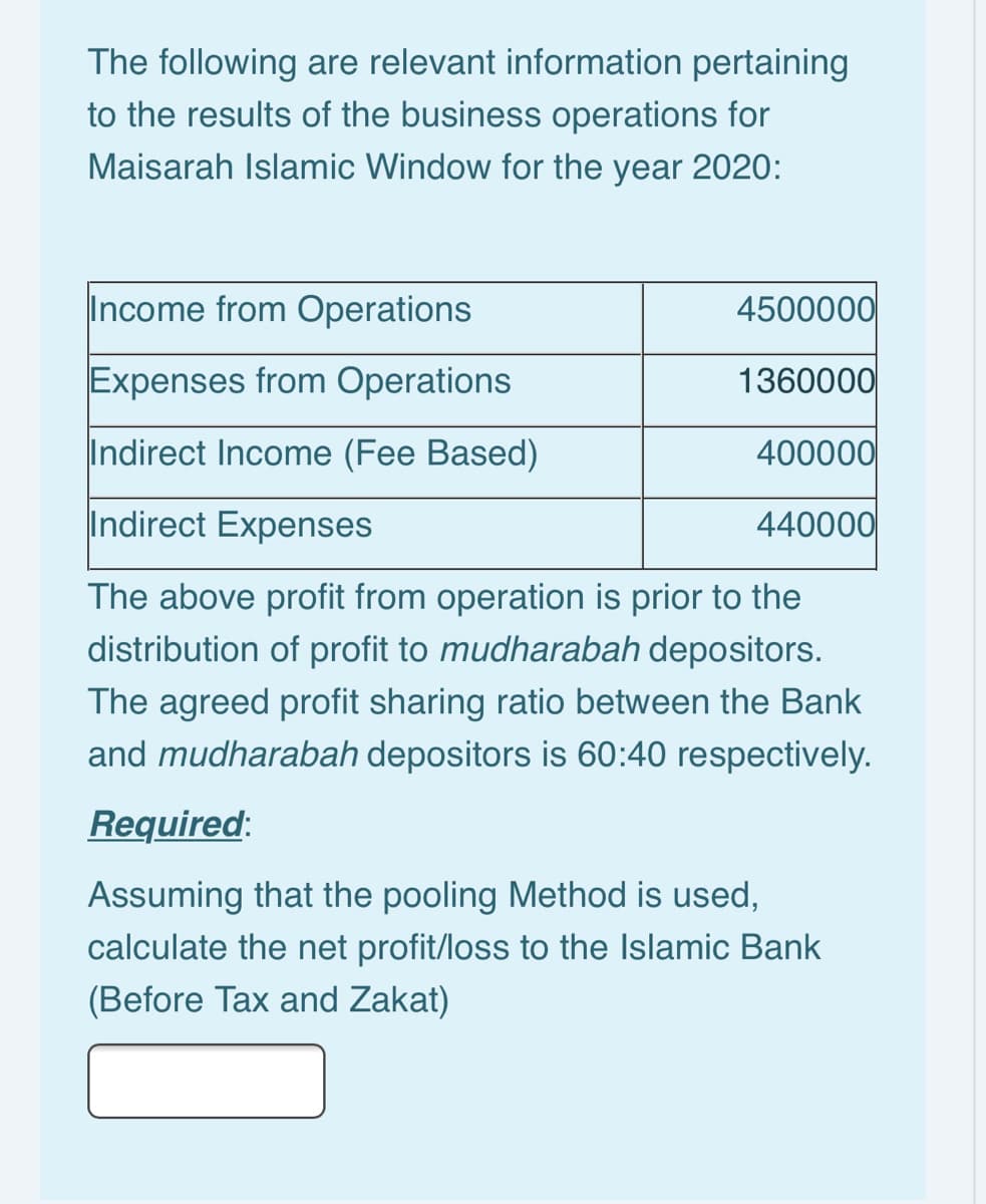 The following are relevant information pertaining
to the results of the business operations for
Maisarah Islamic Window for the year 2020:
Income from Operations
4500000
Expenses from Operations
1360000
Indirect Income (Fee Based)
400000
Indirect Expenses
440000
The above profit from operation is prior to the
distribution of profit to mudharabah depositors.
The agreed profit sharing ratio between the Bank
and mudharabah depositors is 60:40 respectively.
Required:
Assuming that the pooling Method is used,
calculate the net profit/loss to the Islamic Bank
(Before Tax and Zakat)
