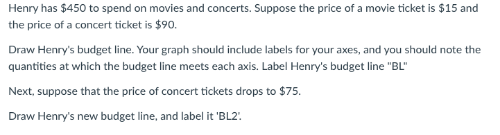 Henry has $450 to spend on movies and concerts. Suppose the price of a movie ticket is $15 and
the price of a concert ticket is $90.
Draw Henry's budget line. Your graph should include labels for your axes, and you should note the
quantities at which the budget line meets each axis. Label Henry's budget line "BL"
Next, suppose that the price of concert tickets drops to $75.
Draw Henry's new budget line, and label it 'BL2'.
