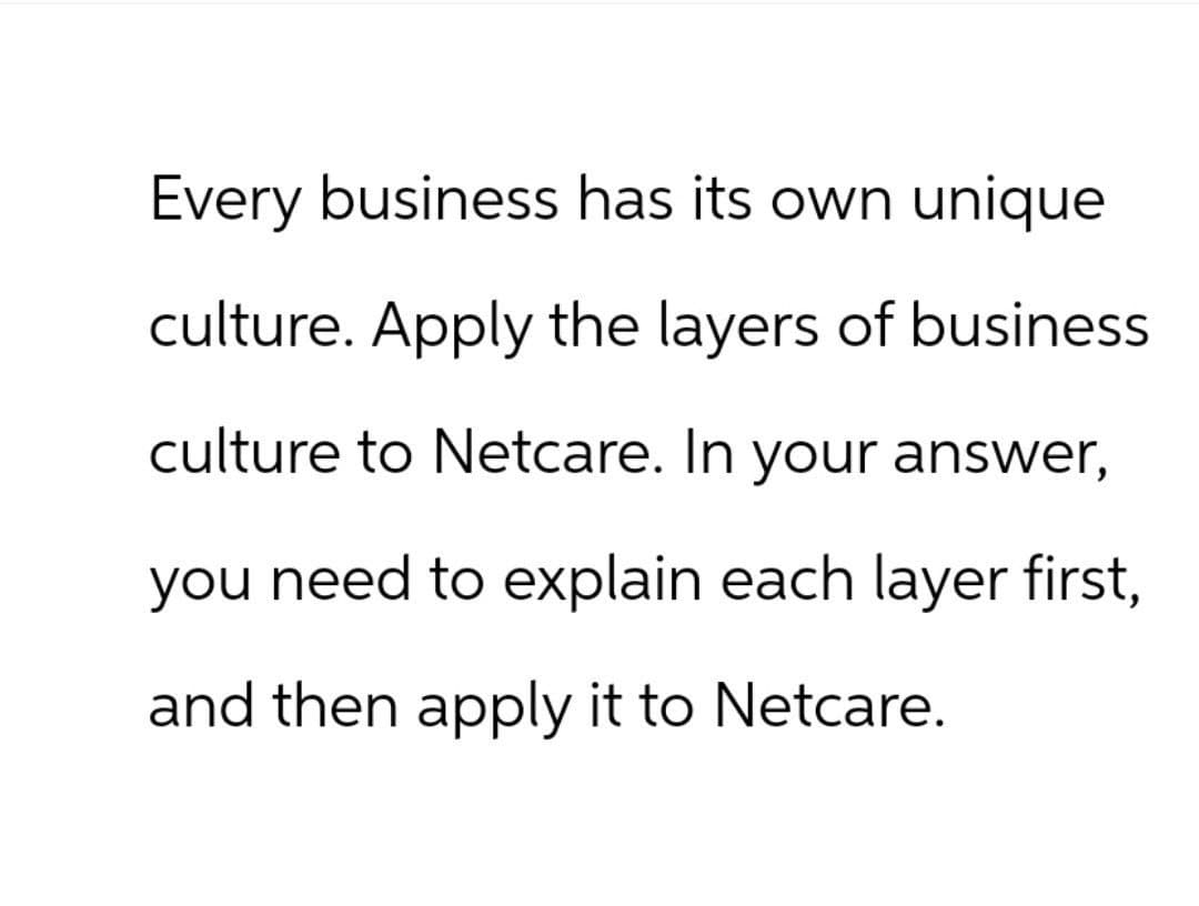 Every business has its own unique
culture. Apply the layers of business
culture to Netcare. In your answer,
you need to explain each layer first,
and then apply it to Netcare.