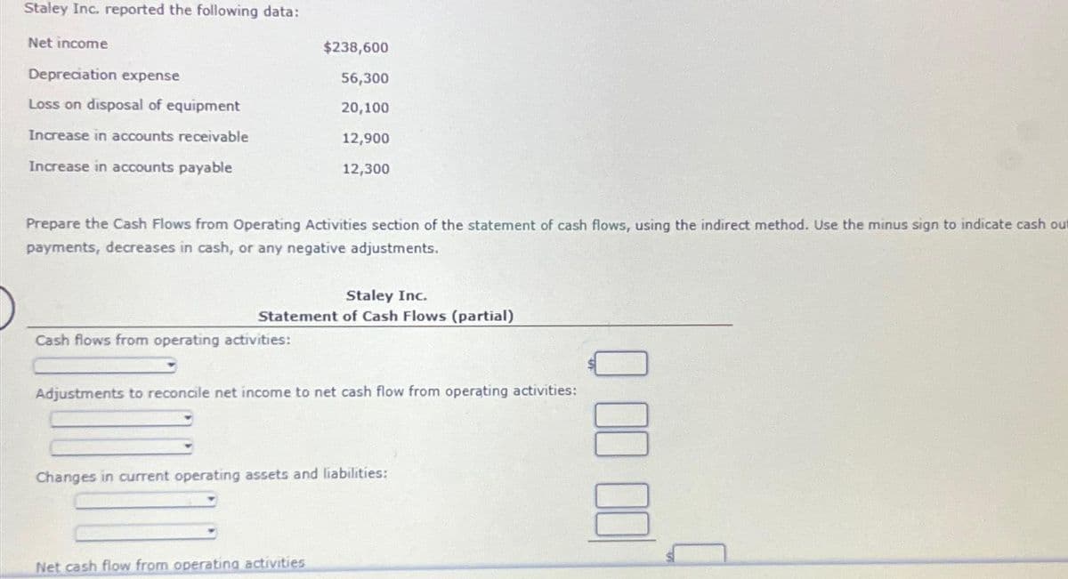 Staley Inc. reported the following data:
Net income
Depreciation expense
Loss on disposal of equipment
Increase in accounts receivable
Increase in accounts payable
Prepare the Cash Flows from Operating Activities section of the statement of cash flows, using the indirect method. Use the minus sign to indicate cash out
payments, decreases in cash, or any negative adjustments.
$238,600
56,300
20,100
12,900
12,300
Staley Inc.
Statement of Cash Flows (partial)
Cash flows from operating activities:
Adjustments to reconcile net income to net cash flow from operating activities:
Changes in current operating assets and liabilities:
Net cash flow from operating activities
Q00 00