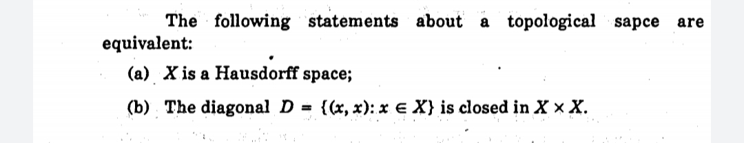 The following statements about a topological sapce
are
equivalent:
(a) X is a Hausdorff space;
(b) The diagonal D =
{(x, x): x e X} is closed in X x X.
