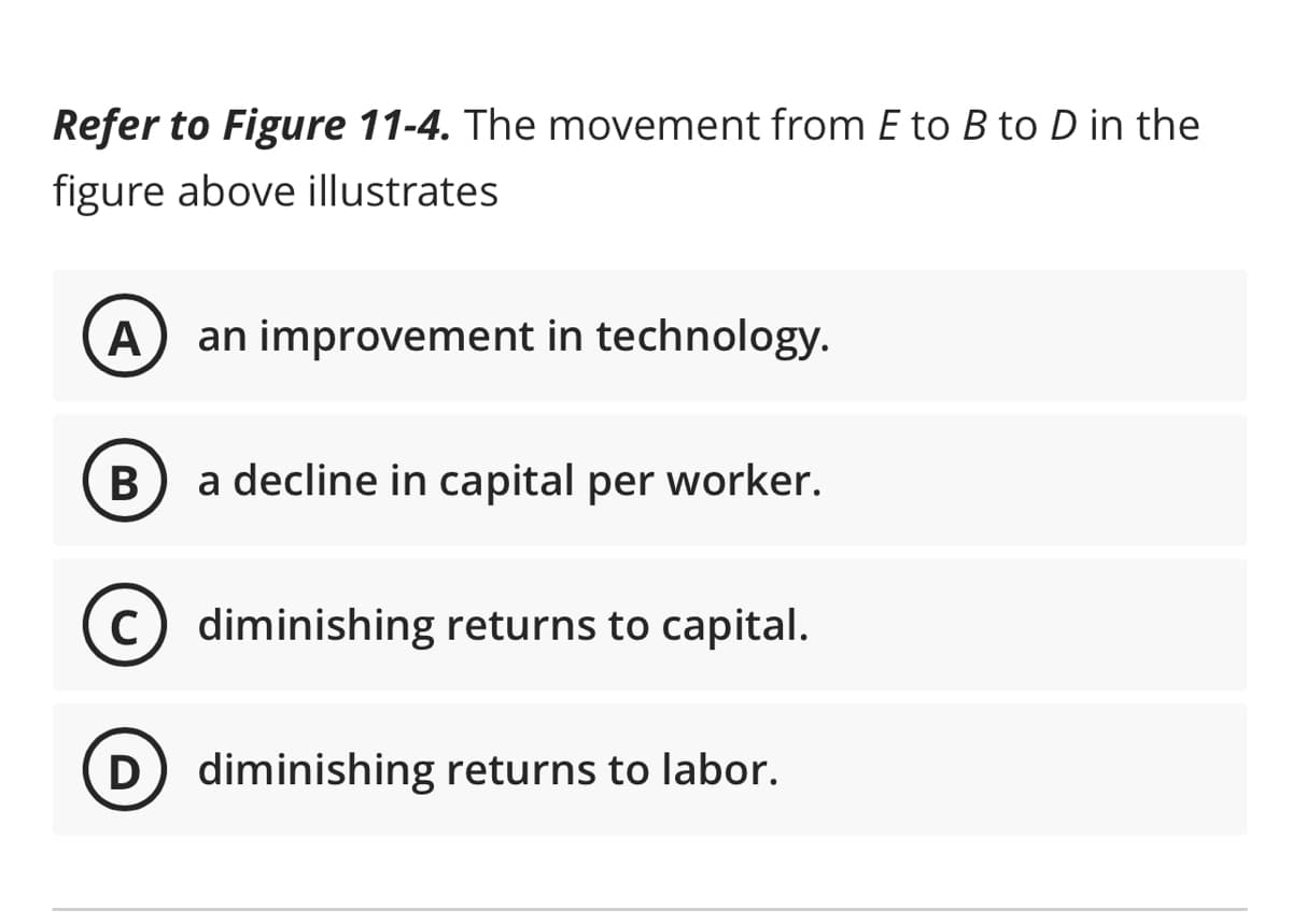 Refer to Figure 11-4. The movement from E to B to D in the
figure above illustrates
A an improvement in technology.
B
C
a decline in capital per worker.
diminishing returns to capital.
D) diminishing returns to labor.