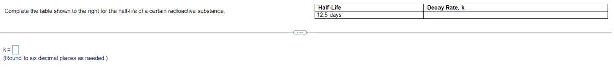 Complete the table shown to the right for the half-life of a certain radioactive substance.
k=
(Round to six decimal places as needed.)
Half-Life
12.5 days
Decay Rate, k