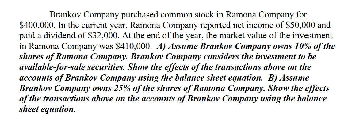 Brankov Company purchased common stock in Ramona Company for
$400,000. In the current year, Ramona Company reported net income of $50,000 and
paid a dividend of $32,000. At the end of the year, the market value of the investment
in Ramona Company was $410,000. A) Assume Brankov Company owns 10% of the
shares of Ramona Company. Brankov Company considers the investment to be
available-for-sale securities. Show the effects of the transactions above on the
accounts of Brankov Company using the balance sheet equation. B) Assume
Brankov Company owns 25% of the shares of Ramona Company. Show the effects
of the transactions above on the accounts of Brankov Company using the balance
sheet equation.
