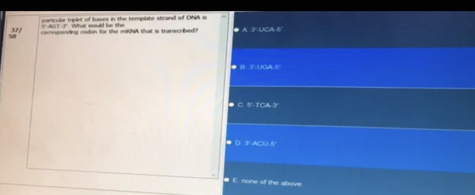 37/
50
particular triplet of bases in the template strand of DNA is
SAGT-F. What would be the
corresponding codon for the mRNA that is transcribed?
A 3-UCA-5'
B. 3-UGA-5
C. 5-TCA-3'
D 3-ACU-5
E. none of the above