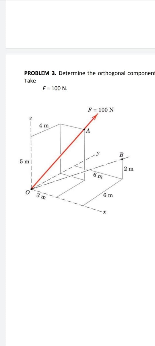PROBLEM 3. Determine the orthogonal component
Take
F = 100 N.
F = 100 N
4 m
B
5 m|
2 m
6 m
6 m
3 m
- X
