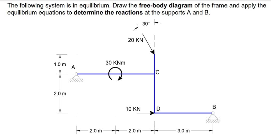 The following system is in equilibrium. Draw the free-body diagram of the frame and apply the
equilibrium equations to determine the reactions at the supports A and B.
30°
20 KN
30 KNm
1.0 m
A
2.0 m
B
10 KN
D
2.0 m
- 2.0 m
3.0 m
