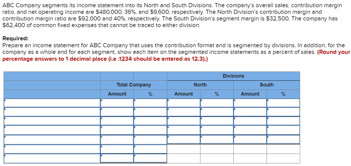 ABC Company segments its income statement into its North and South Divisions. The company's overall sales, contribution margin
ratio, and net operating income are $480,000, 36%, and $9,600, respectively. The North Division's contribution margin and
contribution margin ratio are $92,000 and 40%, respectively. The South Division's segment margin is $32,500. The company has
$62,400 of common fixed expenses that cannot be traced to either division.
Required:
Prepare an income statement for ABC Company that uses the contribution format and is segmented by divisions. In addition, for the
company as a whole and for each segment, show each item on the segmented income statements as a percent of sales. (Round your
percentage answers to 1 decimal place (i.e .1234 should be entered as 12.3).)
Total Company
Amount
%
Amount
North
%
Divisions
Amount
South
%