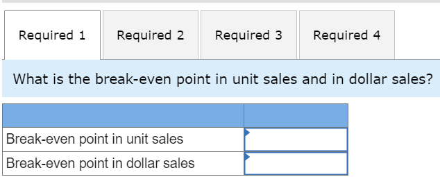 Required 1
Required 2 Required 3
Required 4
What is the break-even point in unit sales and in dollar sales?
Break-even point in unit sales
Break-even point in dollar sales