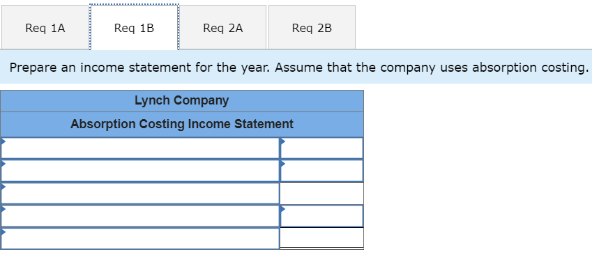 Req 1A
Req 1B
Req 2A
Req 2B
Prepare an income statement for the year. Assume that the company uses absorption costing.
Lynch Company
Absorption Costing Income Statement