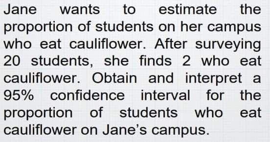 Jane wants to estimate the
proportion of students on her campus
who eat cauliflower. After surveying
20 students, she finds 2 who eat
cauliflower. Obtain and interpret a
95% confidence interval for the
proportion of students who eat
cauliflower on Jane's campus.