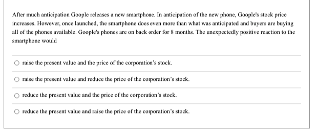 After much anticipation Goople releases a new smartphone. In anticipation of the new phone, Goople's stock price
increases. However, once launched, the smartphone does even more than what was anticipated and buyers are buying
all of the phones available. Goople's phones are on back order for 8 months. The unexpectedly positive reaction to the
smartphone would
raise the present value and the price of the corporation's stock.
raise the present value and reduce the price of the corporation's stock.
reduce the present value and the price of the corporation's stock.
reduce the present value and raise the price of the corporation's stock.
