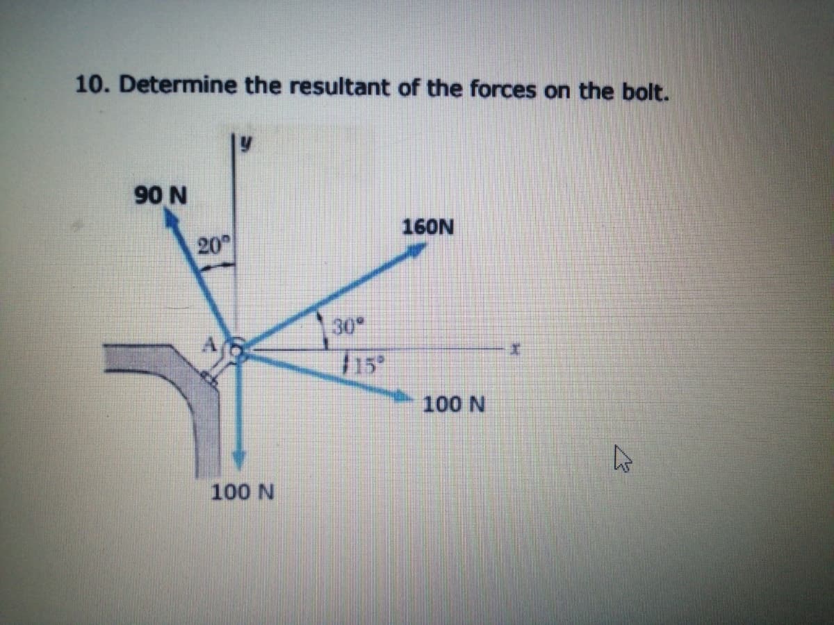 10. Determine the resultant of the forces on the bolt.
90 N
160N
20
30
15
100 N
100 N
