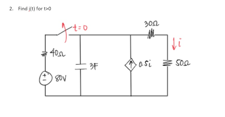 2. Find i(t) for t>0
40
) 80V
1=0
3F
3002
MM
·o.si
5002