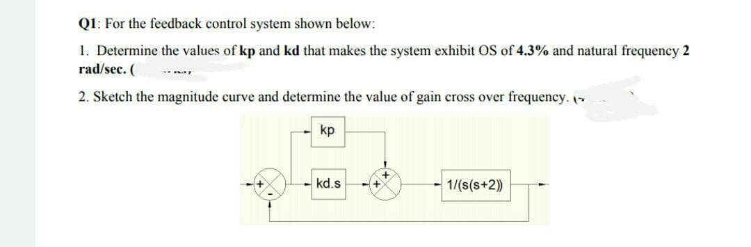 1. Determine the values of kp and kd that makes the system exhibit OS of 4.3% and natural frequency 2
rad/sec. (
2. Sketch the magnitude curve and determine the value of gain cross over frequency.
kp
kd.s
1/(s(s+2))
