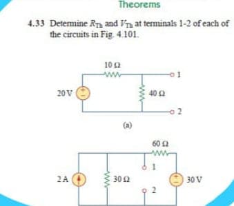 Theorems
4.33 Detemine Rn and V'na at terminals 1-2 of each of
the circuits in Fig 4.101.
102
o1
20V
40 2
60 2
2A
302
30 V
9 2
