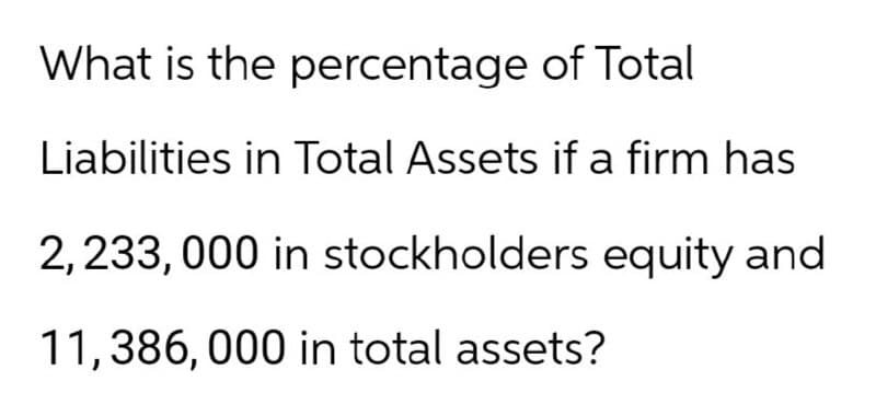 What is the percentage of Total
Liabilities in Total Assets if a firm has
2, 233, 000 in stockholders equity and
11,386,000 in total assets?