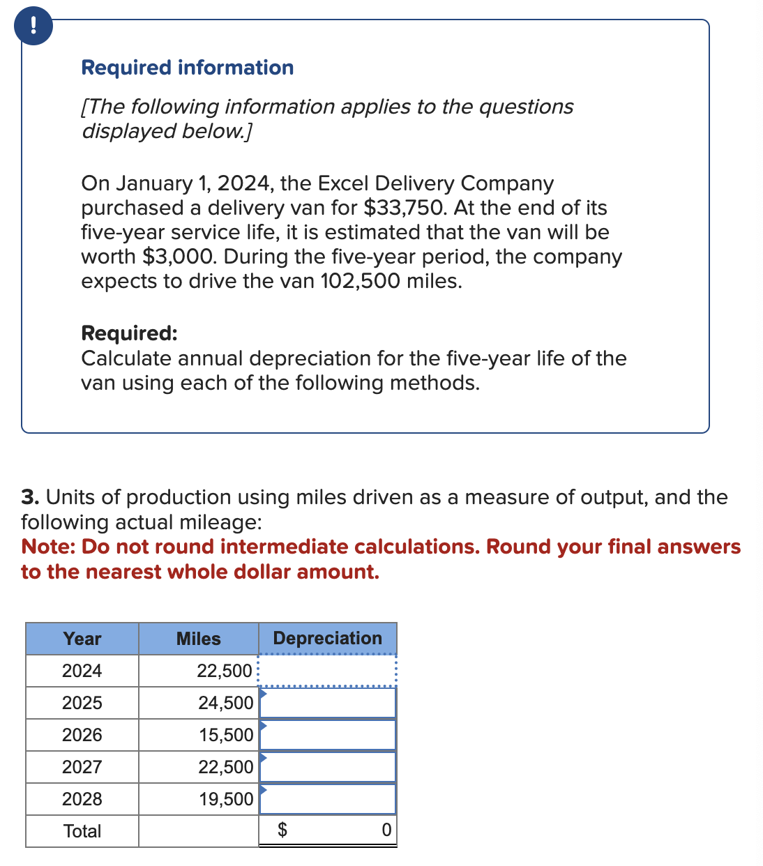 Required information
[The following information applies to the questions
displayed below.]
On January 1, 2024, the Excel Delivery Company
purchased a delivery van for $33,750. At the end of its
five-year service life, it is estimated that the van will be
worth $3,000. During the five-year period, the company
expects to drive the van 102,500 miles.
Required:
Calculate annual depreciation for the five-year life of the
van using each of the following methods.
3. Units of production using miles driven as a measure of output, and the
following actual mileage:
Note: Do not round intermediate calculations. Round your final answers
to the nearest whole dollar amount.
Year
Miles
Depreciation
2024
22,500
2025
24,500
2026
15,500
2027
22,500
2028
19,500
Total
0