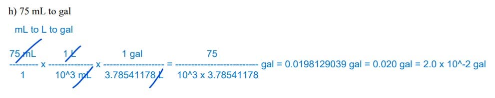 h) 75 mL to gal
mL to L to gal
75/AL 1X
1 gal
1 10^3 3.78541178/
X
X
75
10^3 x 3.78541178
gal = 0.0198129039 gal = 0.020 gal = 2.0 x 10^-2 gal