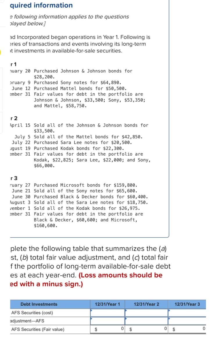 quired information
e following information applies to the questions
played below.]
ad Incorporated began operations in Year 1. Following is
eries of transactions and events involving its long-term
t investments in available-for-sale securities.
r1
nuary 20 Purchased Johnson & Johnson bonds for
$28,200.
bruary 9 Purchased Sony notes for $64,890.
June 12 Purchased Mattel bonds for $50,500.
ember 31 Fair values for debt in the portfolio are
Johnson & Johnson, $33,500; Sony, $53,350;
and Mattel, $58,750.
r 2
April 15
Sold all of the Johnson & Johnson bonds for
$33,500.
July 5 Sold all of the Mattel bonds for $42,850.
July 22 Purchased Sara Lee notes for $20,500.
ugust 19 Purchased Kodak bonds for $22,300.
ember 31 Fair values for debt in the portfolio are
Kodak, $22,825; Sara Lee, $22,000; and Sony,
$66,000.
r3
ruary 27 Purchased Microsoft bonds for $159,800.
June 21 Sold all of the Sony notes for $65,600.
June 30 Purchased Black & Decker bonds for $60,400.
August 3 Sold all of the Sara Lee notes for $18,750.
vember 1 Sold all of the Kodak bonds for $26,975.
ember 31 Fair values for debt in the portfolio are
Black & Decker, $60,600; and Microsoft,
$160,600.
plete the following table that summarizes the (a)
st, (b) total fair value adjustment, and (c) total fair
f the portfolio of long-term available-for-sale debt
es at each year-end. (Loss amounts should be
ed with a minus sign.)
Debt Investments
12/31/Year 1
12/31/Year 2
$
AFS Securities (cost)
adjustment-AFS
AFS Securities (Fair value)
0 $
12/31/Year 3
0 $
0