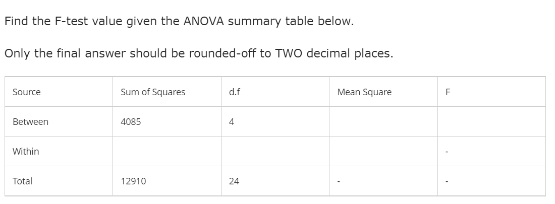 Find the F-test value given the ANOVA summary table below.
Only the final answer should be rounded-off to TWO decimal places.
Source
Sum of Squares
d.f
Mean Square
Between
4085
4
Within
Total
12910
24
F