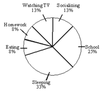 Watching TV S ocializing
13%
13%
Homework
8%
Eating.
8%
-School
25%
Sleeping
33%
