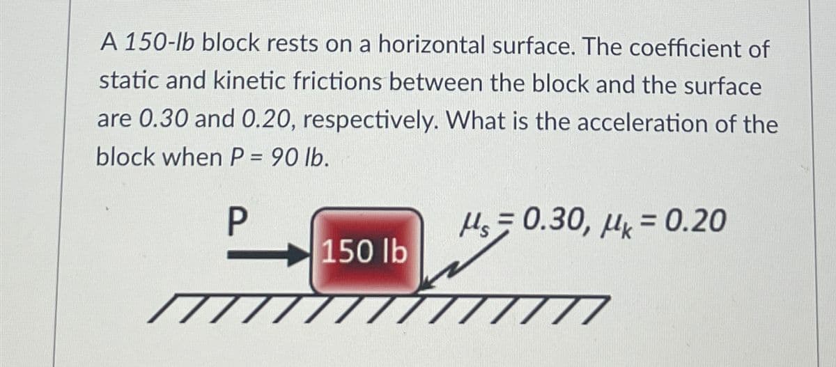 A 150-lb block rests on a horizontal surface. The coefficient of
static and kinetic frictions between the block and the surface
are 0.30 and 0.20, respectively. What is the acceleration of the
block when P = 90 lb.
P
μs=0.30, μk=0.20
150 lb