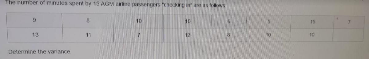 The number of minutes spent by 15 AGM airline passengers "checking in" are as follows:
9
8
10
10
6
13
11
7
12
1
Determine the variance.
5
10
15
10