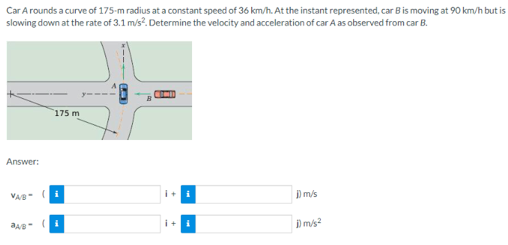 Car A rounds a curve of 175-m radius at a constant speed of 36 km/h. At the instant represented, car B is moving at 90 km/h but is
slowing down at the rate of 3.1 m/s². Determine the velocity and acceleration of car A as observed from car B.
Answer:
175 m
VA/B- (i
aA/B- (i
A
B
INI
+
i + i
j) m/s
j) m/s²