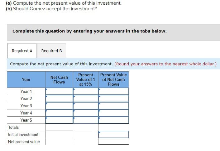 (a) Compute the net present value of this investment.
(b) Should Gomez accept the investment?
Complete this question by entering your answers in the tabs below.
Required A Required B
Compute the net present value of this investment. (Round your answers to the nearest whole dollar.)
Present Value
Net Cash
Year
Flows
Present
Value of 1
at 15%
of Net Cash
Flows
Year 1
Year 2
Year 3
Year 4
Year 5
Totals
Initial investment
Net present value