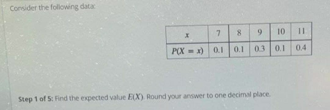 Consider the following data:
X
7
8
9
10
11
P(X = x) 0.1
0.1
0.3
0.1
0.4
Step 1 of 5: Find the expected value E(X). Round your answer to one decimal place.