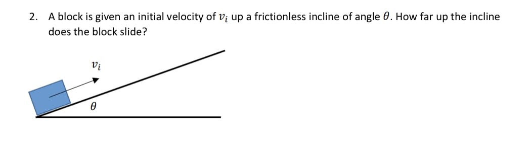 2. A block is given an initial velocity of vi up a frictionless incline of angle 0. How far up the incline
does the block slide?
Vị
