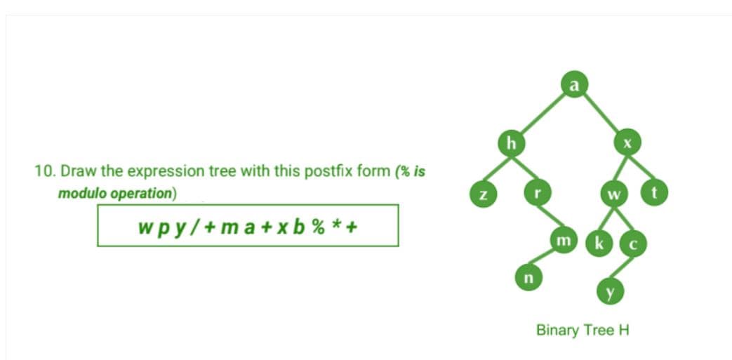 10. Draw the expression tree with this postfix form (% is
modulo operation)
wpy/+ma+xb%*+
h
W
m k
Binary Tree H
n