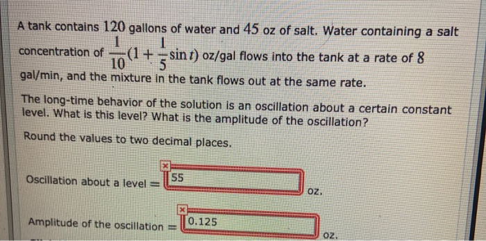 A tank contains 120 gallons of water and 45 oz of salt. Water containing a salt
(1+=sin t) oz/gal flows into the tank at a rate of 8
10
concentration of
gal/min, and the mixture in the tank flows out at the same rate.
The long-time behavior of the solution is an oscillation about a certain constant
level. What is this level? What is the amplitude of the oscillation?
Round the values to two decimal places.
55
Oscillation about a level =
oz,
0.125
Amplitude of the oscillation =
0z.
