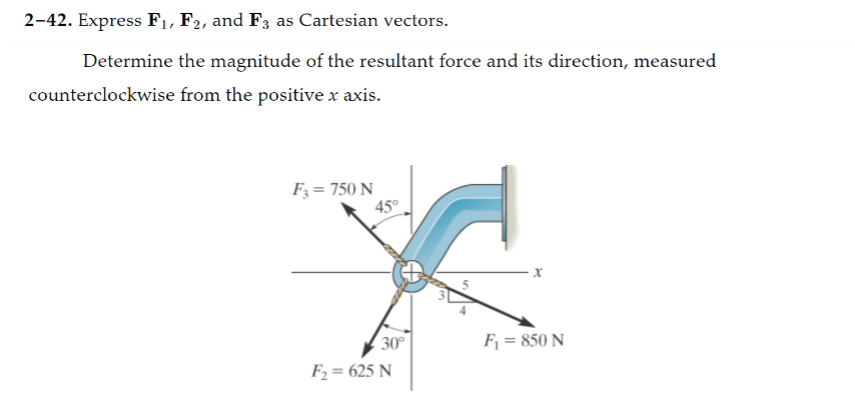 2-42. Express F₁, F2, and F3 as Cartesian vectors.
Determine the magnitude of the resultant force and its direction, measured
counterclockwise
from the positive x axis.
F3 = 750 N
45°
30°
F₂= 625 N
F₁ = 850 N