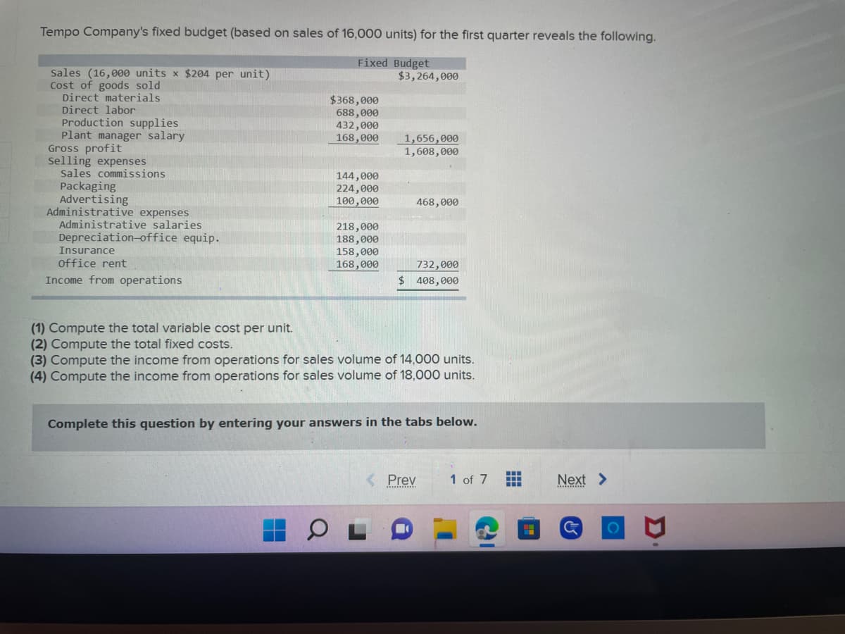 Tempo Company's fixed budget (based on sales of 16,000 units) for the first quarter reveals the following.
Fixed Budget
Sales (16,000 units x $204 per unit)
Cost of goods sold
Direct materials.
Direct labor
Production supplies
Plant manager salary
Gross profit
Selling expenses
Sales commissions
Packaging
Advertising
Administrative expenses
Administrative salaries
Depreciation-office equip.
Insurance
office rent
Income from operations
$368,000
688,000
432,000
168,000
144,000
224,000
100,000
0
218,000
188,000
158,000
168,000
$3,264,000
1,656,000
1,608,000
468,000
732,000
$ 408,000
(1) Compute the total variable cost per unit.
(2) Compute the total fixed costs.
(3) Compute the income from operations for sales volume of 14,000 units.
(4) Compute the income from operations for sales volume of 18,000 units.
Complete this question by entering your answers in the tabs below.
< Prev
1 of 7
‒‒‒
H
H
Next >
O