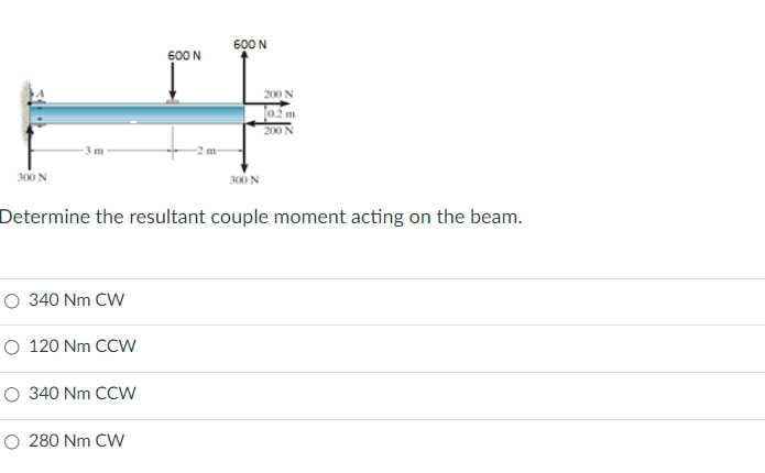 600 N
600 N
200 N
[02 m
200 N
- 3m -
300 N
300 N
Determine the resultant couple moment acting on the beam.
O 340 Nm CW
O 120 Nm CCW
O 340 Nm CCW
O 280 Nm CW

